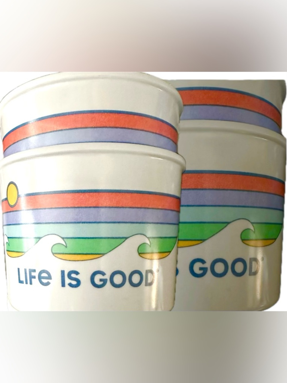 RARE Life Is Good White Iconic Logo Melamine Bowls Set of 4 Waves, Rainbow & Sun